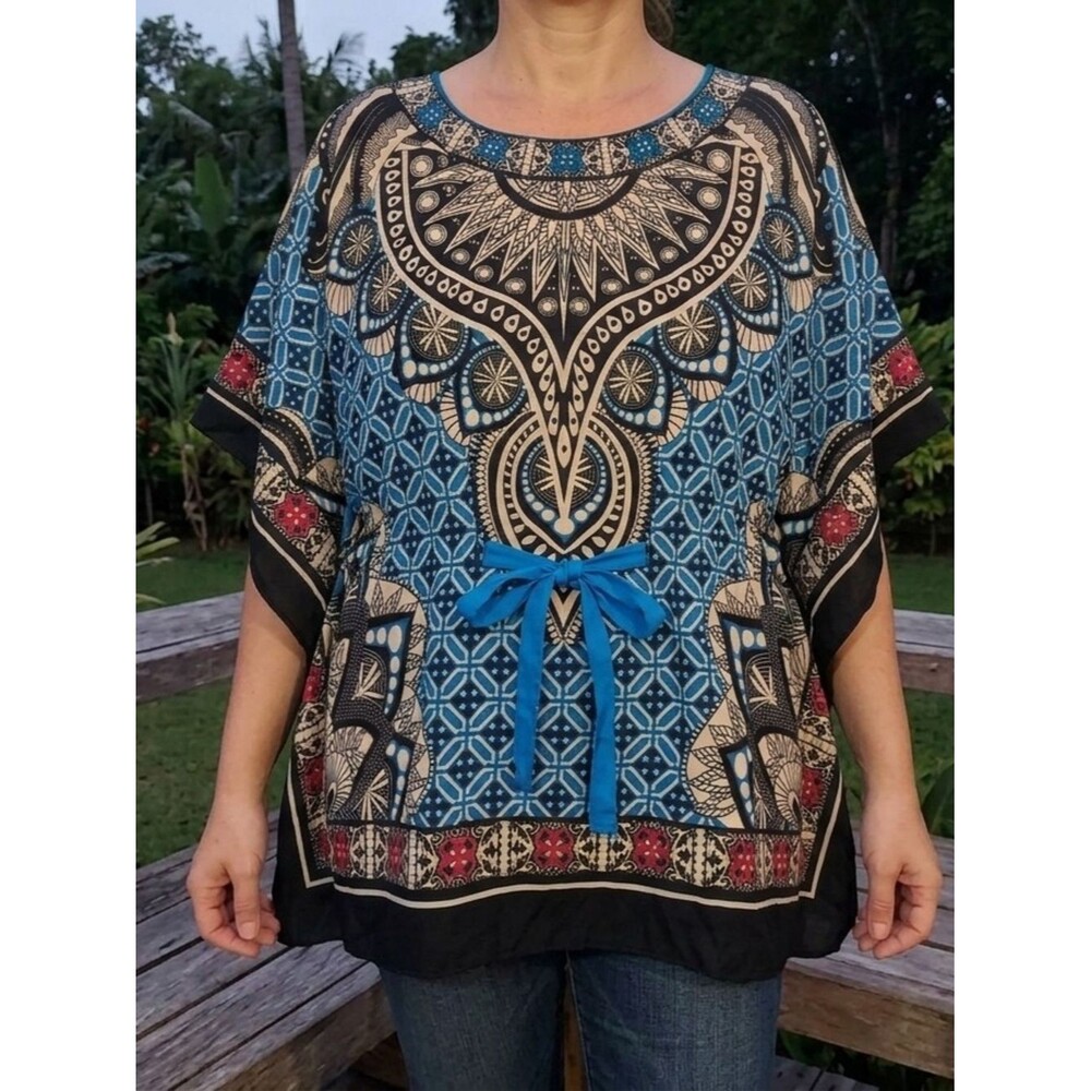 Flying Tomato Blue Geometric Aztec Boho Festival Kaftan Tunic Top Medium